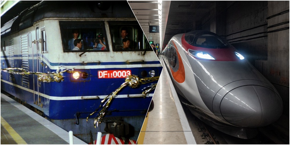 左圖為1997年第一班京九直通車，右圖為2018年廣深港高鐵香港段通車。