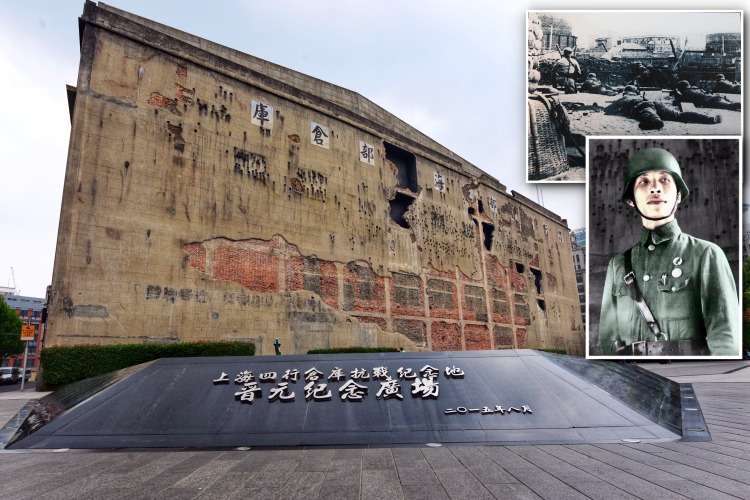 “八百壮士”坚守的四行仓库，现设有抗战纪念馆和晋元纪念广场，建筑物外墙并根据历史照片再现当年激战后的情景。上小图为作战中的“八百壮士”；下小图为率领“八百壮士”的谢晋元，他是广东梅州人。