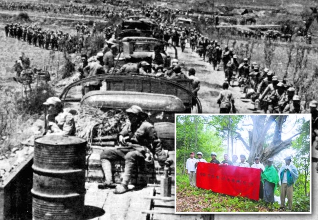 中国第一次远征军，包括戴安澜任师长的第200师，于1942年开赴缅甸。图为中国远征军，小图为戴安澜的儿子等人，2009年在缅甸寻到戴安澜殉国的茅邦村。