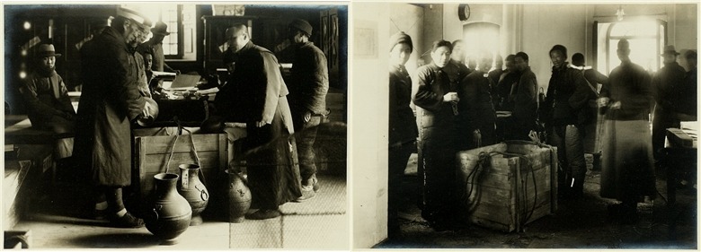 军警在场监察，故宫工作人员进行装箱前的准备工作。