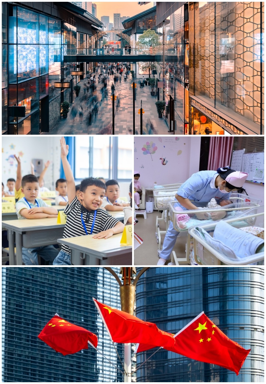 中國商場、小學生、護士照顧嬰兒以及中國國旗