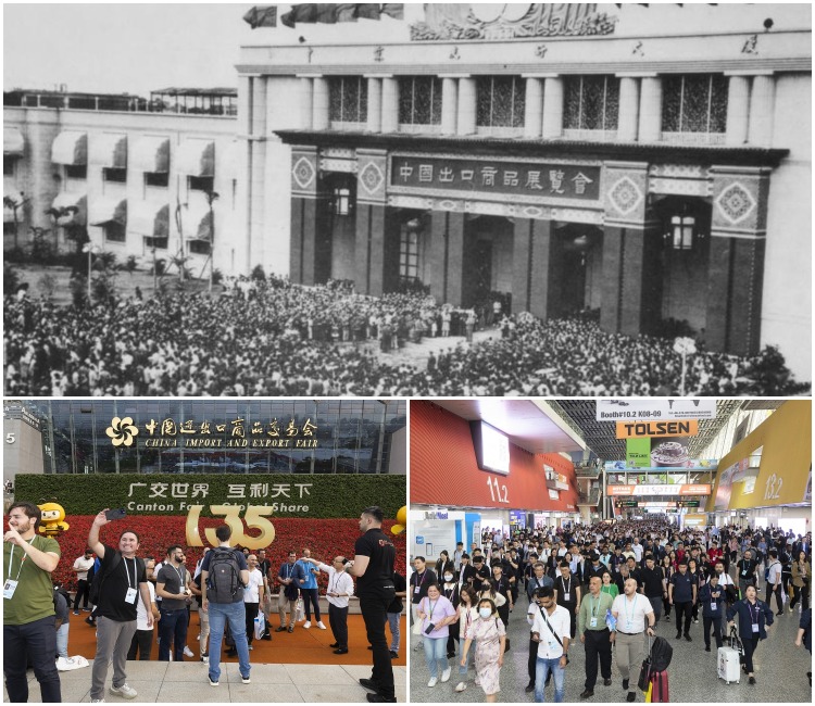 The upper picture shows the opening of the first China Import and Export Fair (Canton Fair) in April 1957 in Guangzhou; the lower picture shows the 135th Canton Fair held in May 2024.