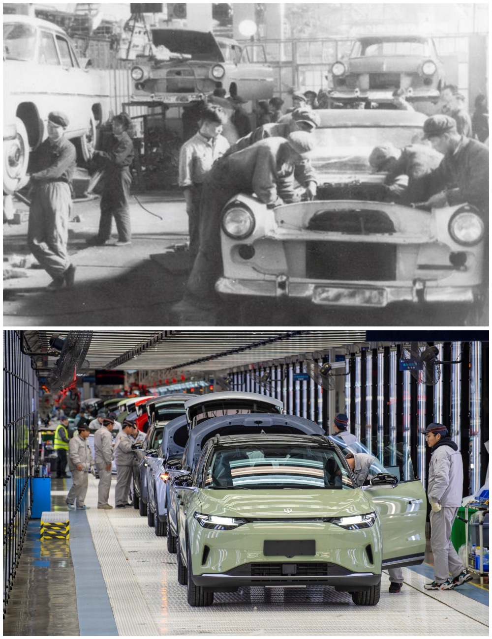 The upper picture was taken in 1958 at the First Automobile Works, where the first batch of Hongqi cars was produced; the lower picture shows a new energy vehicle factory.