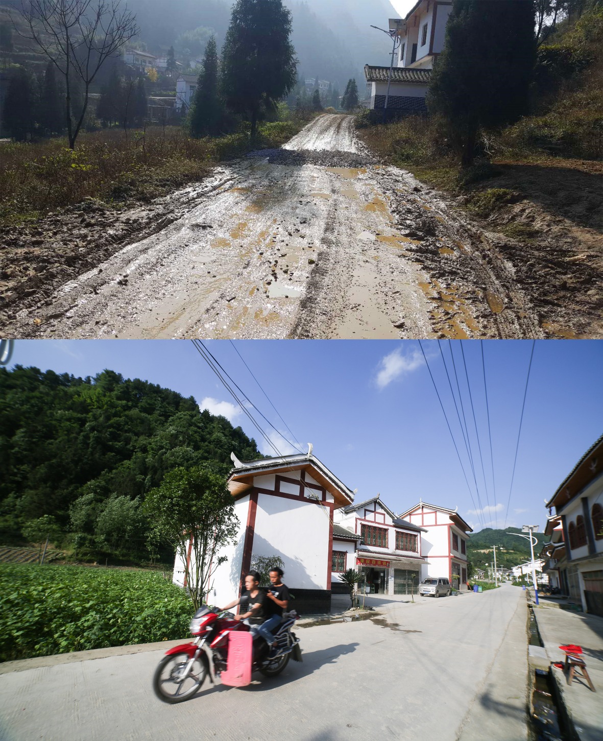 The newly built road facilitates the travel of people in poverty-stricken areas, as shown in the comparison of old and new roads in Mingfang Village, Bijie City, Guizhou.