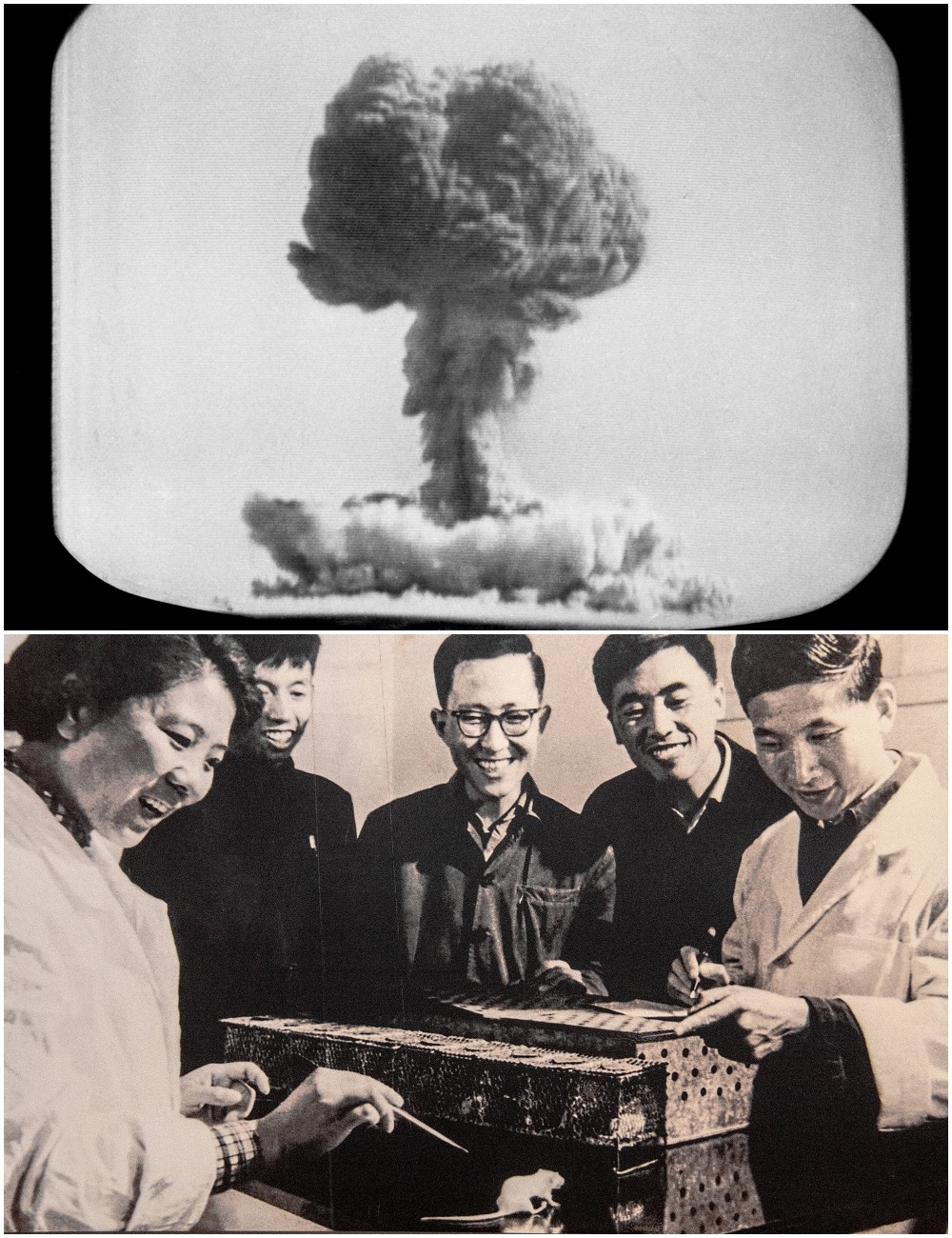 1964年中國第一顆原子彈裝置爆炸成功(上圖);1965年中國首次人工合成牛胰島素(下圖)。 1964年中國第一顆原子彈裝置爆炸成功(上圖);1965年中國首次人工合成牛胰島素(下圖)。