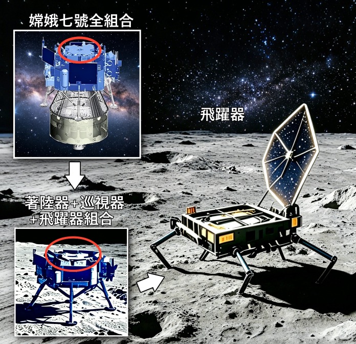 嫦娥七號升空時是「四合一組合」（上小圖），隨後著陸器＋巡視器＋飛躍器組合擇機降落月球南極（下小圖），最後飛躍器離開著陸器，開工找水。小圖紅圈為飛躍器的位置。
