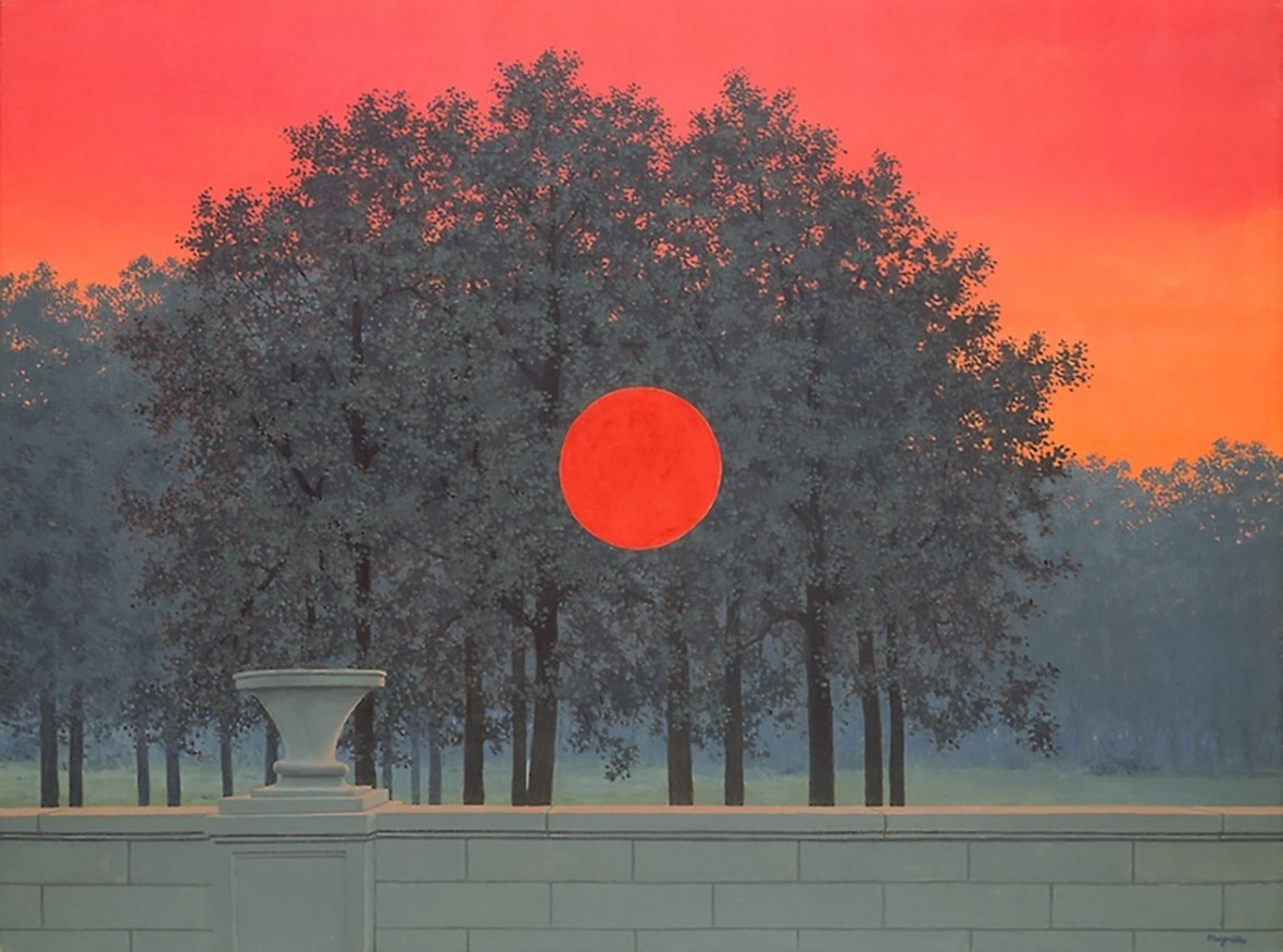 《煙》畫面中央的紅色圓圈，令人聯想到雷內・馬格利特（René Magritte）的名畫《宴會》。（網上圖片）