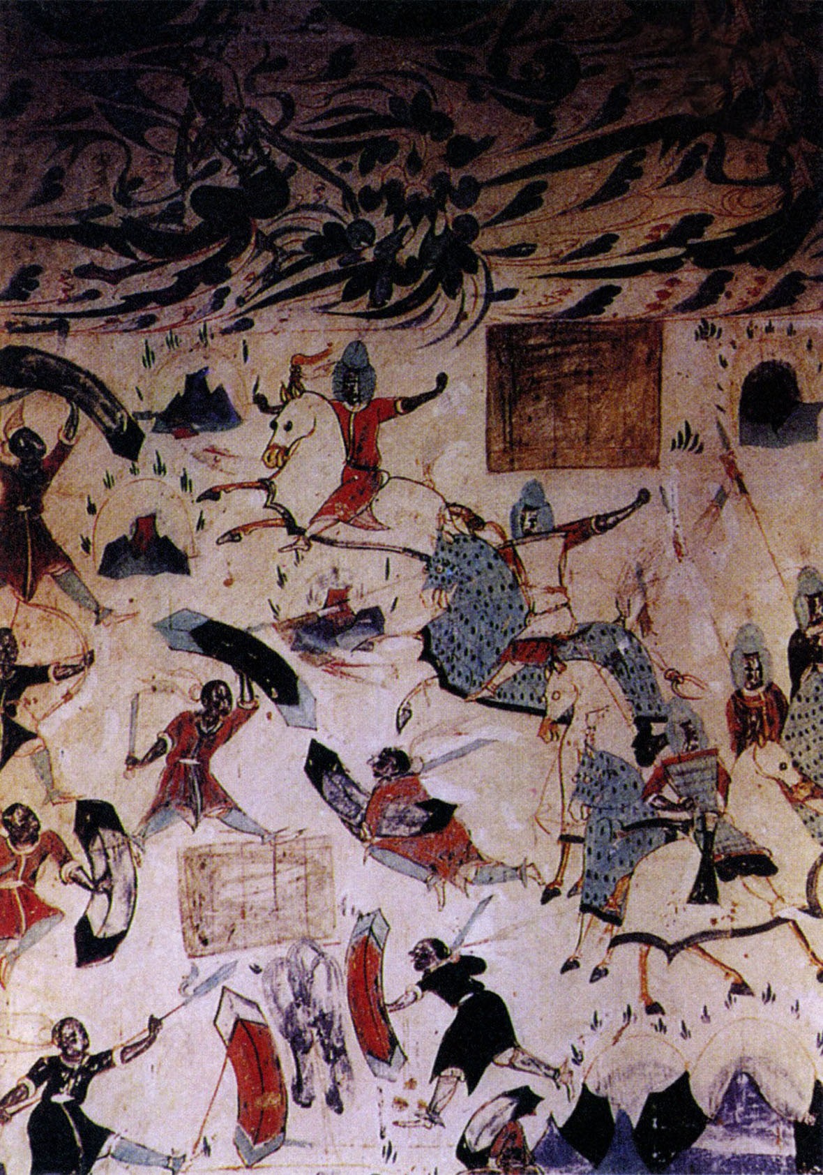 敦煌《五百强盗成佛》壁畫，此畫作於約538-539年間，从畫上披挂馬甲的戰馬，可見當時騎戰的發達程度。（圖片來源：視覺中國）