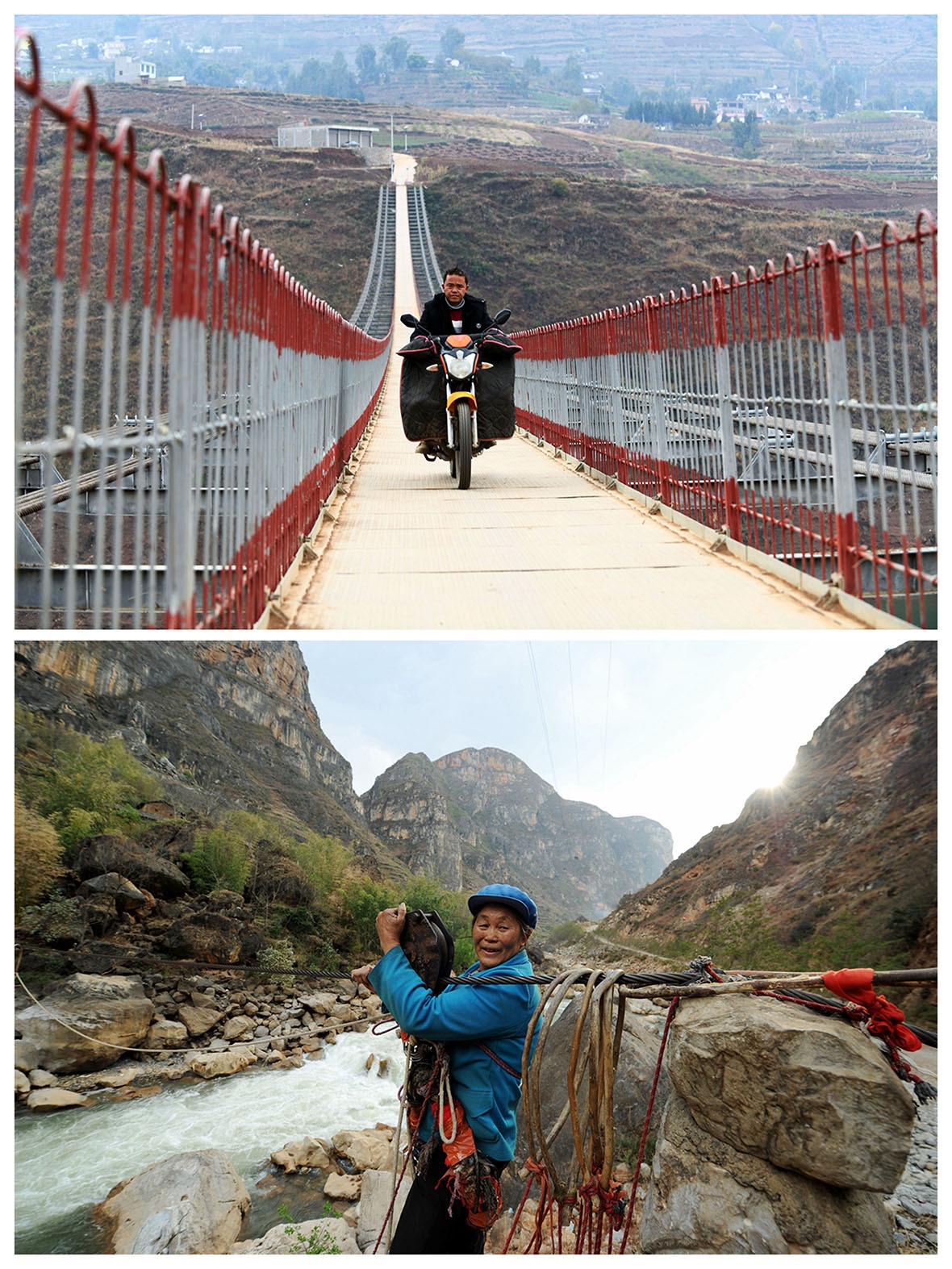 改革開放後，政府在中國西部的怒江、瀾滄江、獨龍江、金沙江等險要地段，立起過百道安穩便捷的石屎橋墎，全面取代步步驚心的高空溜索。（網上圖片）