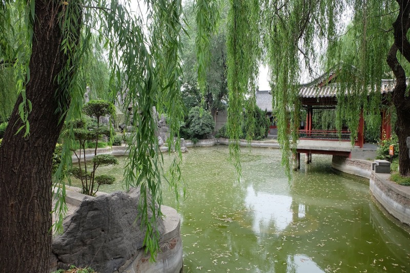 在问安亭和甘糜二夫人居住的小楼之间有座竹林遮掩的假山池塘，名为“雷池”。
