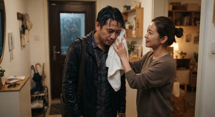 妻子為被雨淋濕的低落丈夫端上毛巾