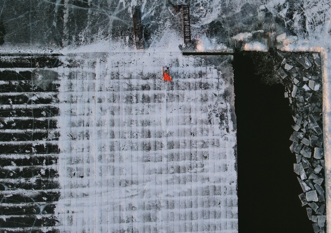 An aerial view of ice harvesting in Harbin