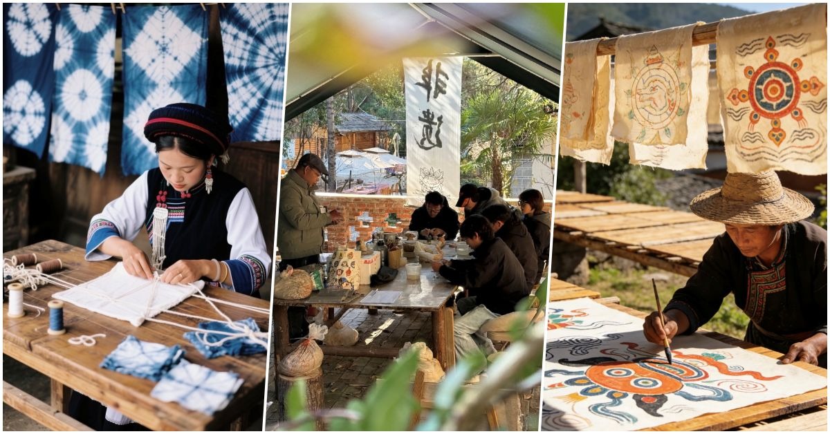 旅居雲南體驗少數民族非遺手作活動，遊客在扎染與手工坊中學習傳統工藝，融入當地文化的生活方式。