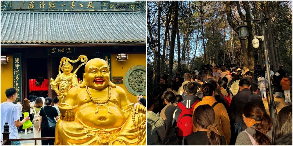 杭州靈順寺，有「天下第一財神廟」之稱，素來燈火鼎盛。今年大年初五，很多香客凌晨開始登山，排隊進寺上香拜神。