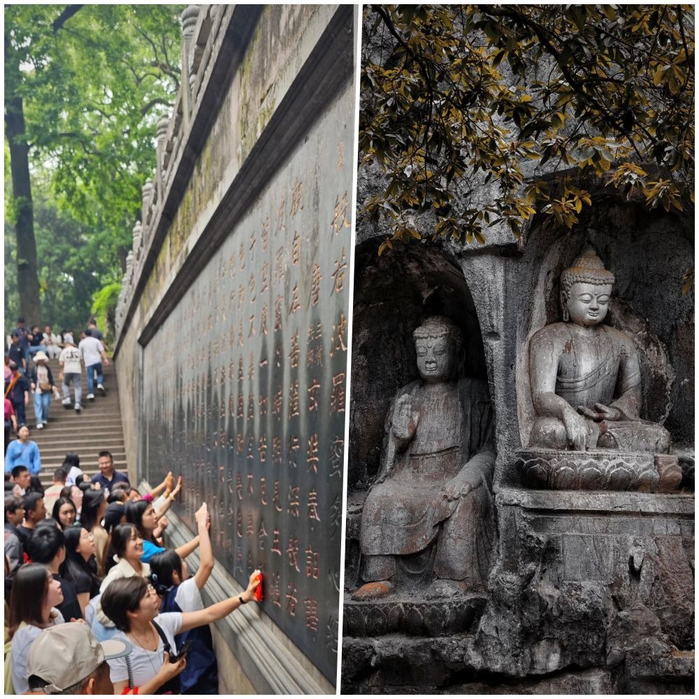 許多遊客參觀靈隱寺，各種石刻、佛像是必看景點。