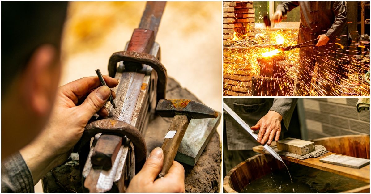 鍛造一把龍泉寶劍，要經過煉、鍛、淬火、雕刻等28道工序，多靠手工打磨。