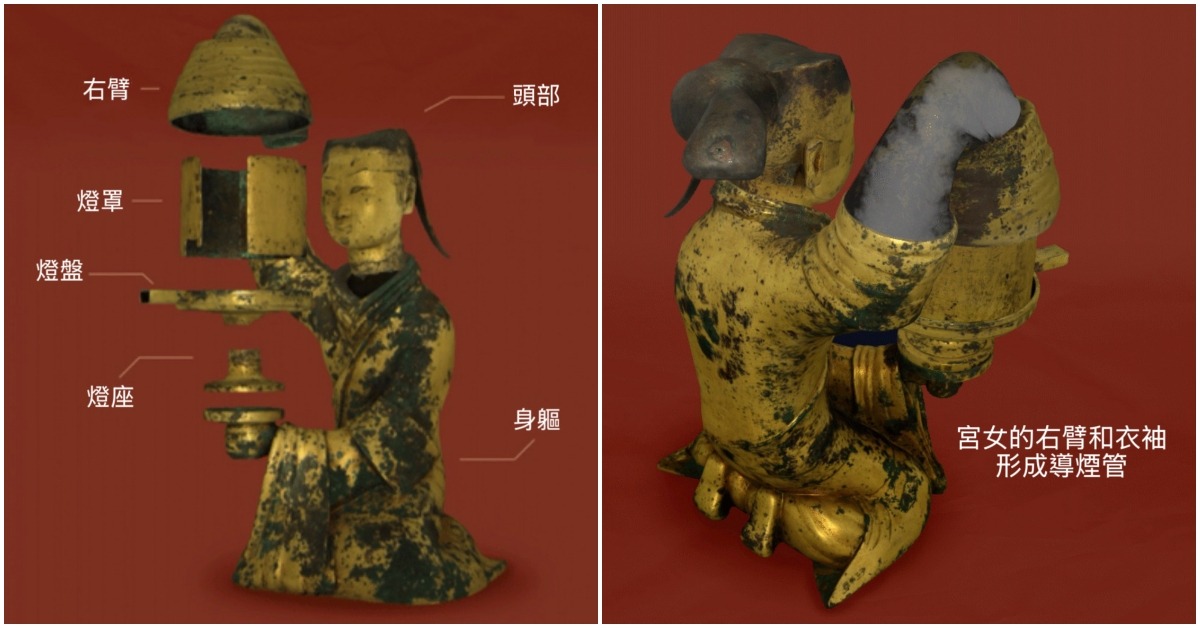 長信宮燈由6個部分組成，分別是：頭部、身軀、右臂、燈座、燈盤、燈罩，這種設計既能快速拆裝，也方便攜帶和清潔。宮女的右臂和衣袖形成導煙管，抽油煙原理巧妙。