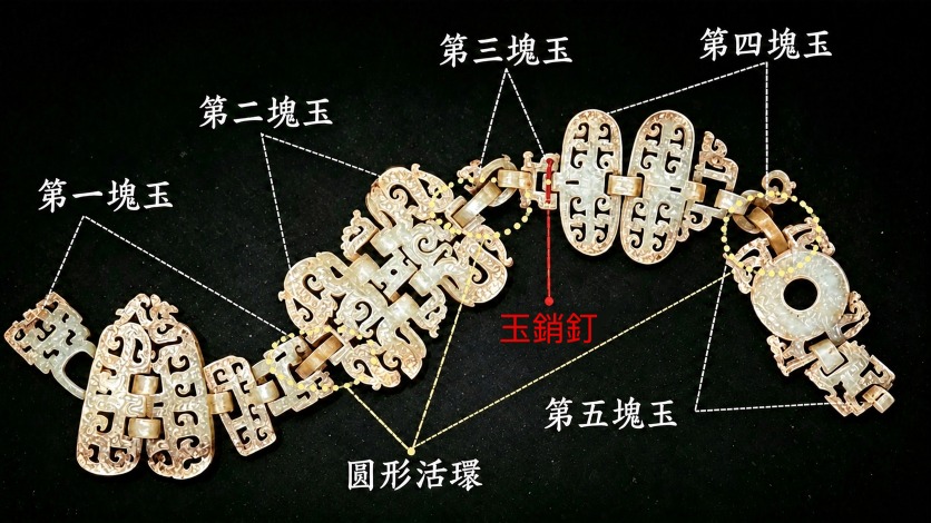 湖北省博物館藏十六節龍鳳玉掛飾結構示意，標示五塊玉料、圓形活環與玉銷釘的位置。