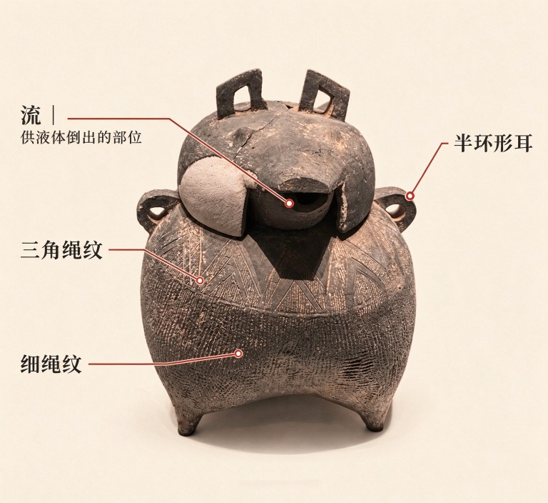 陶鬲形豬首蓋盉圖解，標示流、半環形耳及器身繩紋。