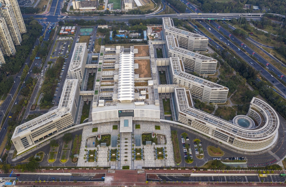 An aerial view of the exterior of The University of Hong Kong-Shenzhen Hospital