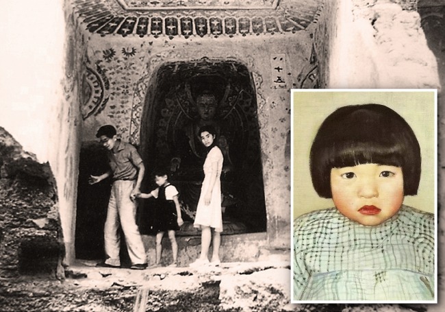 常沙娜在敦煌打下扎實藝術功底。圖為父母和年幼的常沙娜在莫高窟。小圖為父親常書鴻為常沙娜畫的油畫。