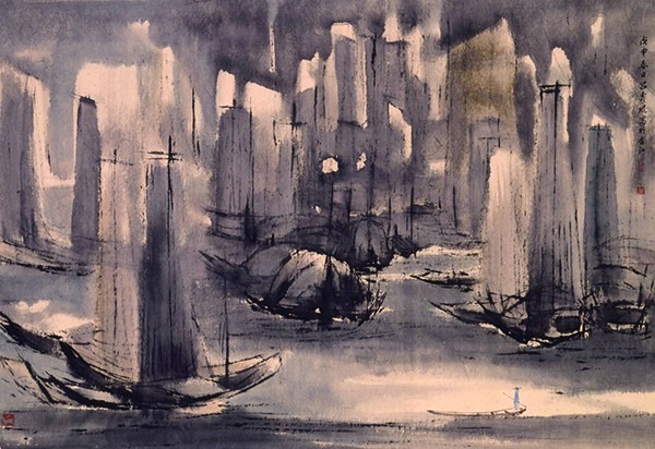 這幅《海港》創作於1968年。畫內的城市建築和中式帆船，都以方塊幾何特徵展現，無論畫風和佈局都充滿中西融合的感覺。（圖片來源：中國美術館官網）