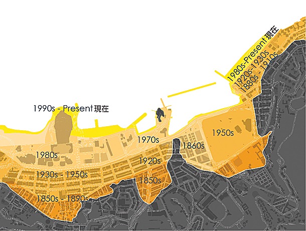 香港島北岸於過去百年多次填海，灣仔及北角海岸線不斷向外伸延。（圖片來源：規劃署）