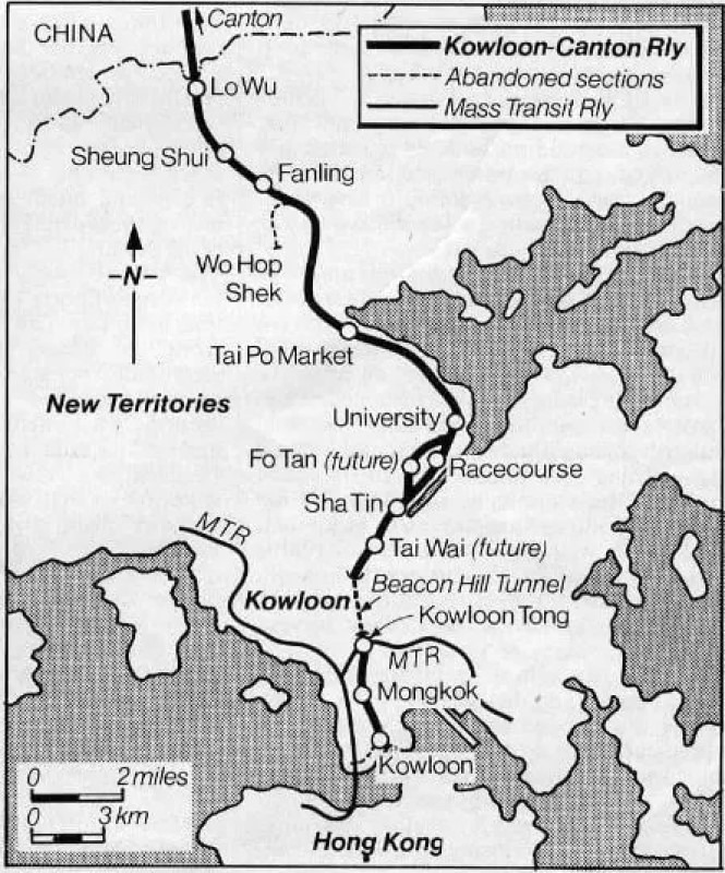 This old map of the Kowloon-Canton Railway shows the Wo Hop Shek branch line between Tai Po Market Station and Fanling Station. This route operated from 1950 to 1983 and has now disappeared. (Internet photo)