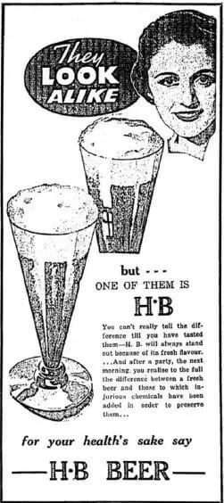 由這張1935年的剪報可以看到香港啤酒廠的廣告，當時出產的香港啤酒又名「HB」或「Hong Kong Beer」。（網上圖片）