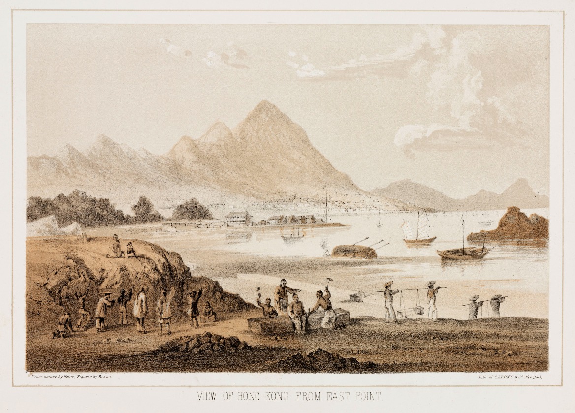 圖片繪自1850年代，繪者正隨美國艦艇前赴日本進行貿易，在船隻停留香港補給之際，繪畫了香港工人在東角採石的情境。（圖片來源：Getty）