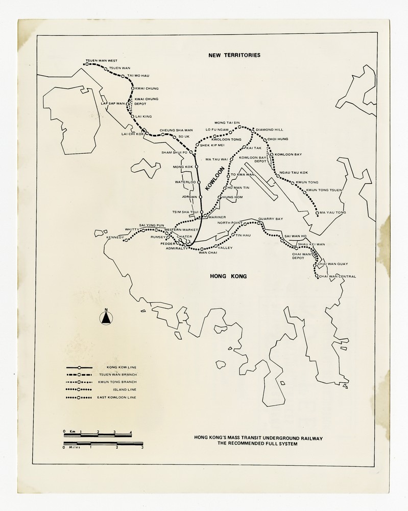 圖為1973年的地下鐵路路線草圖，計劃中觀塘線的總站為馬游塘（Ma Yau Tong）。