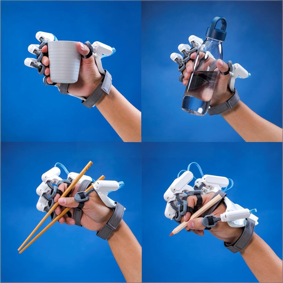 HandyRehab復康機械手主要訓練3種關節活動度，包括二指抓握、勾狀抓握和球形抓握。