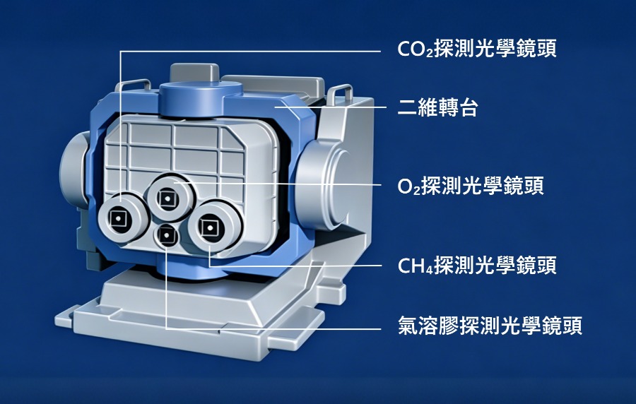 科大牽頭研製的「天韻相機」，四個探測鏡頭可同步探測二氧化碳、甲烷、氧氣及氣溶膠。