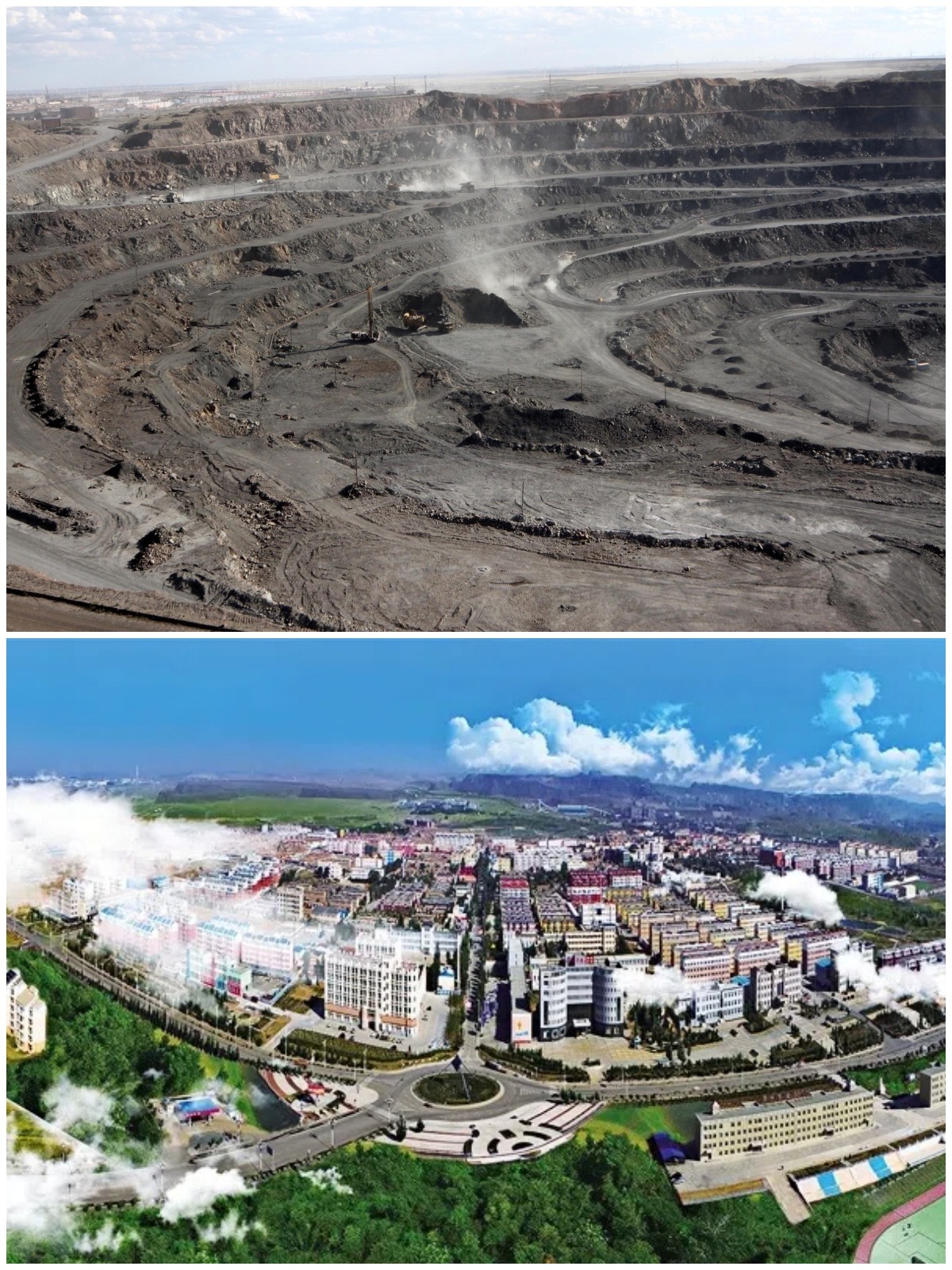 The upper image shows the rare earth mine at Bayan Obo, and the lower image shows the buildings in the mining area.