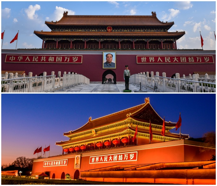 The Tiananmen Gate Tower does not usually have the palace lanterns hung (top), only on important festivals and special occasions will the eight palace lanterns appear (bottom).