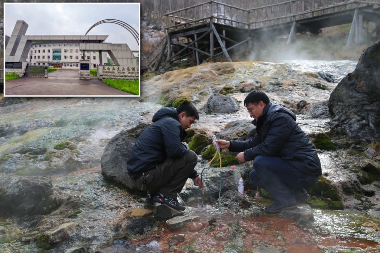 Staff at the Changbai Mountain Heaven Lake Volcano Observatory collect hot spring gas samples to understand the volcanic activity. The inset shows the Changbai Mountain Heaven Lake Volcano Observatory.