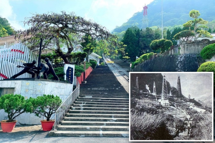 出磺坑油田的原油早已採盡，現在成為了當地一處景點。小圖為1920年代出磺坑開採情況。