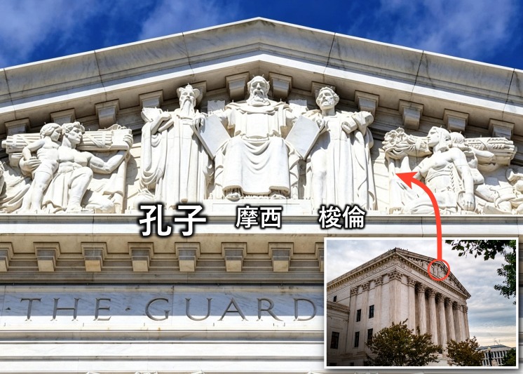 美国最高法院门楣上孔子像的形象，引来网民热议。小图为美国最高法院的东侧，图圈为孔子像所在位置。