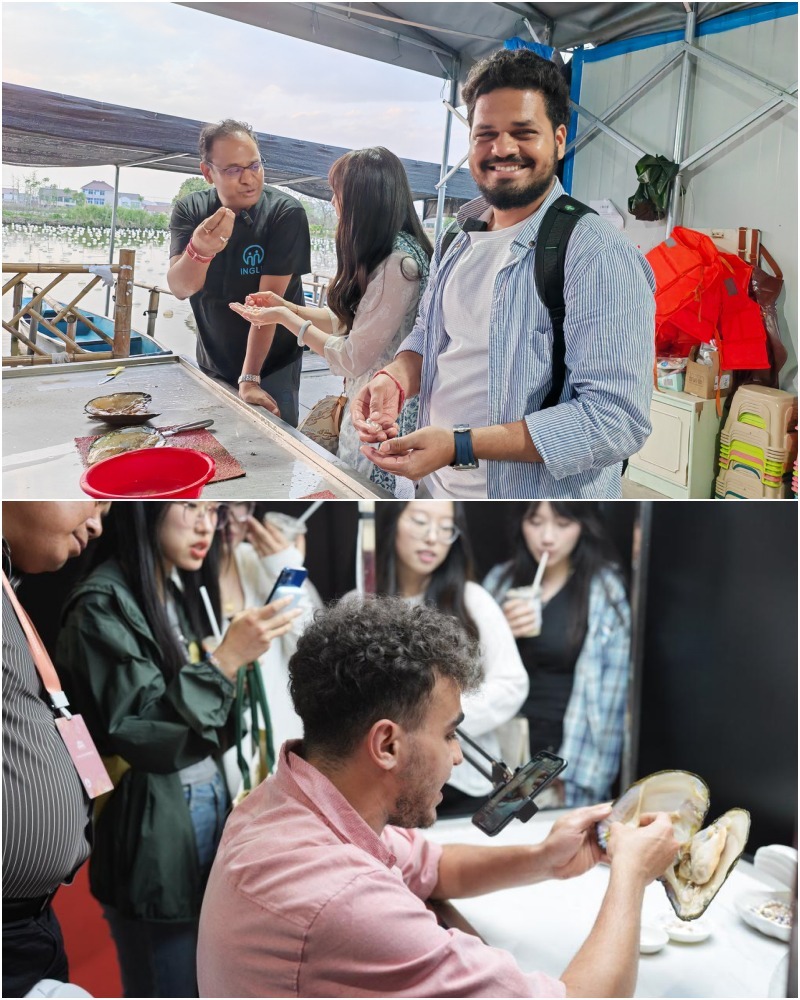 外國友人體驗開蚌，外籍主播賣山下湖珍珠。