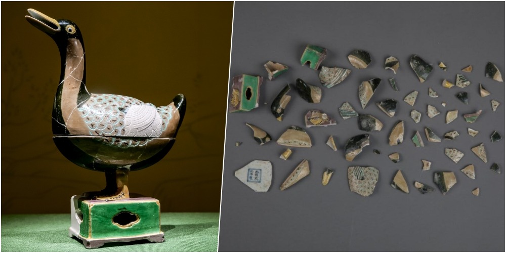 景德鎮御窯博物院院長翁彥俊與文明碎瓷對話 從御窰遺址發掘出來的鴨形香薰碎片(右圖),修復後重塑明代成化年間素三彩鴨形香薰。