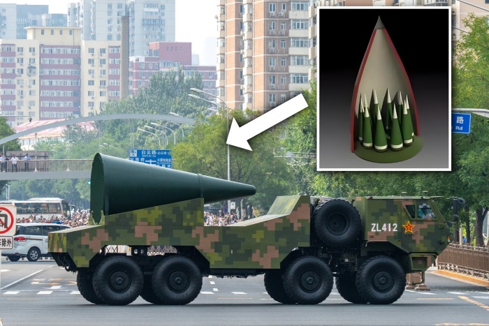 有报道指东风-5C能摧带10枚分导弹头。小图为分导弹头示意图。