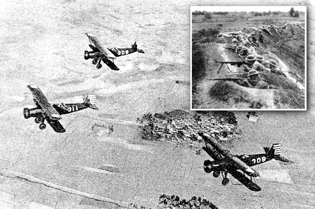 蔣介石出動戰機，攻擊缺乏防空武器的紅軍。小圖為國民黨方面的陸軍。