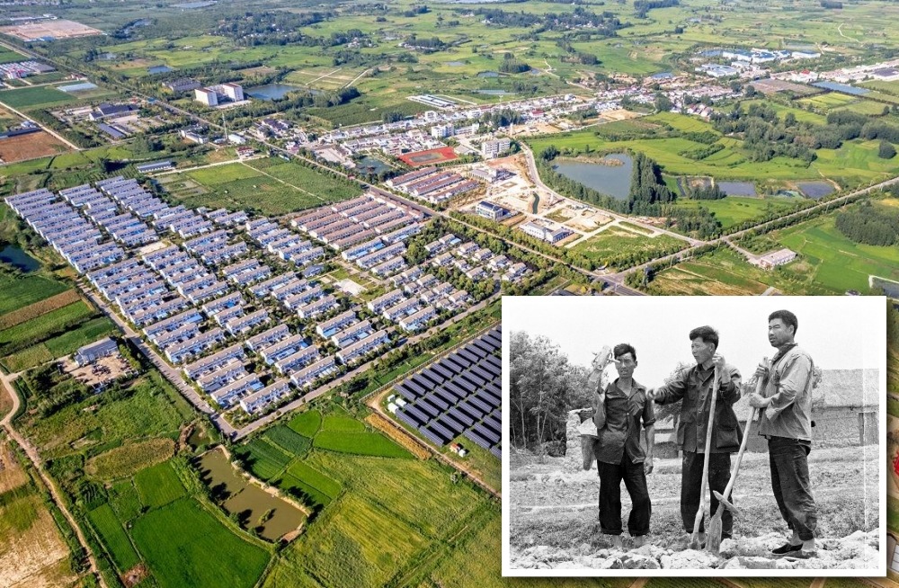 The inset shows three farmers who signed a life-and-death pact to subcontract the land back then.