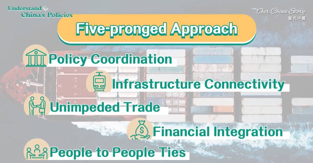 How does the Belt and Road build the 'five-pronged approach'?