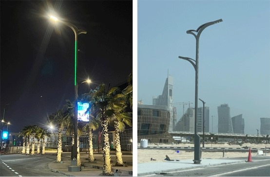 卡塔爾世界杯主場館外5公里範圍有深圳的5G智慧橙杆320套，集照明、屏幕顯示、廣播多功能於一身，成為比賽場外的焦點。