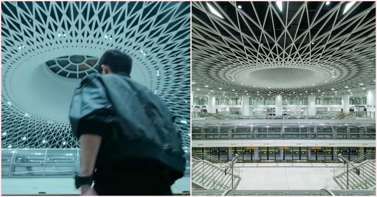 深圳《驚蟄無聲》電影中崗厦北地鐵站場景，與現實中崗厦北地鐵站對照