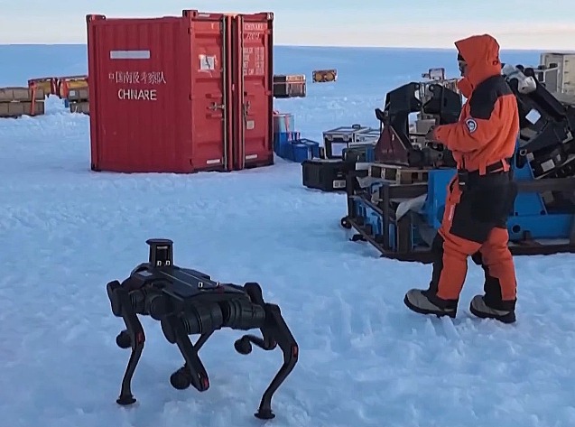 Six-legged robot dog on an Antarctic scientific expedition