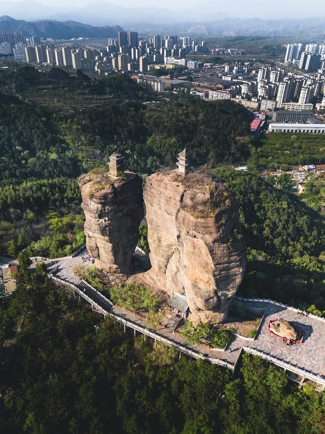 An aerial shot of Shuangta Mountain, Chengde, Hebei