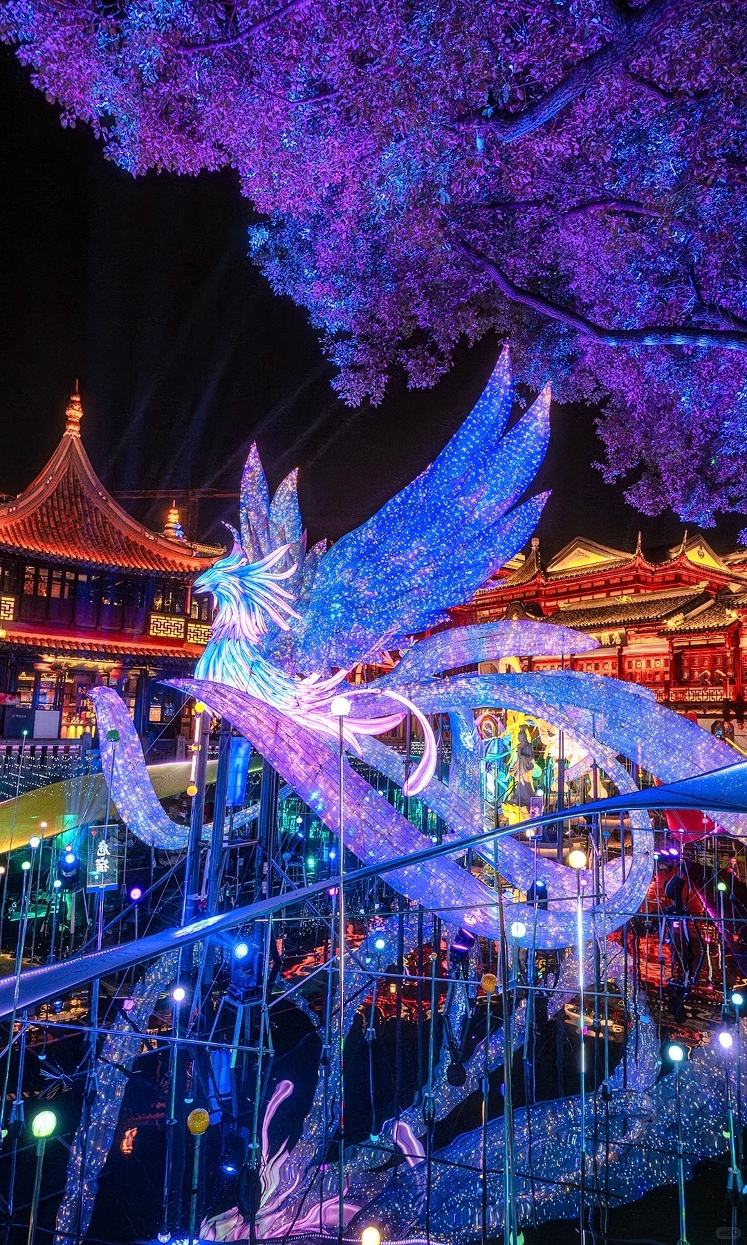 豫園九曲橋的「馬躍星河」燈組。燈組運用數位光影技術，將湖面化作一片深邃的藍色星海。