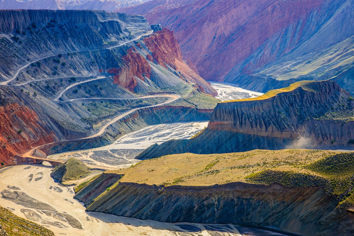The colourful terrain of the Anjihai Grand Canyon from an aerial view.